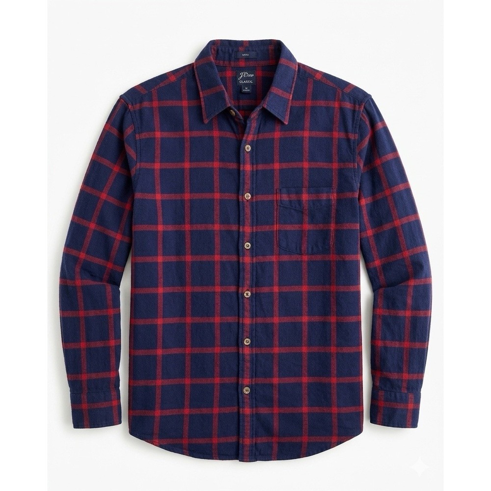 J. Crew Mens L Slim Fit Flannel Shirt Blue Red Plaid Cotton Re-Imagined ButtonUp